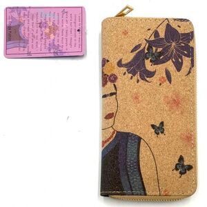 FRIDA KAHLO Cork Vegan Women's Zip Wallet (Purple Floral Accents) ~ NEW!!!